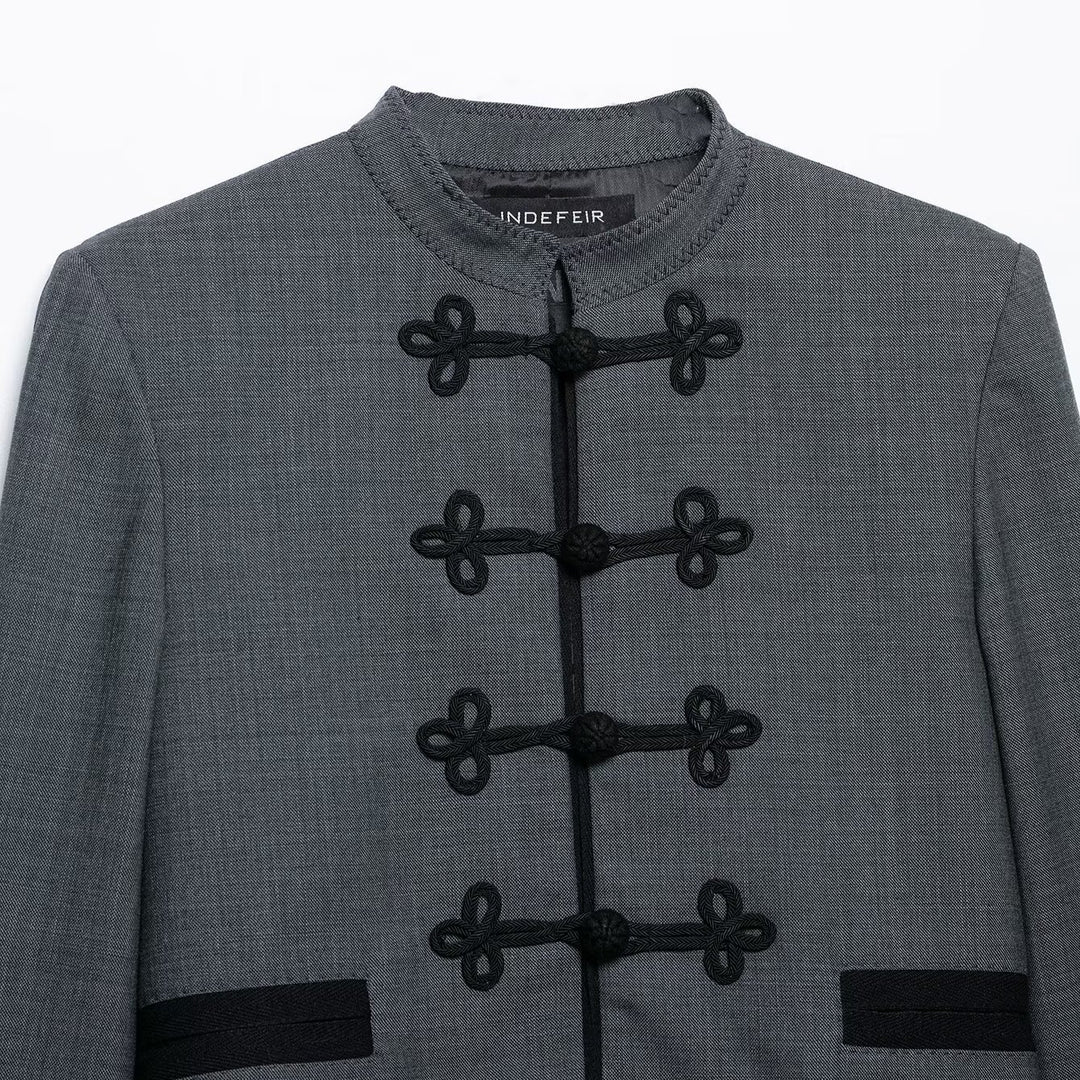 Women's Short Jacket in Mandarin Style with Decorative Knot Closure and Tailored Silhouette Amarae