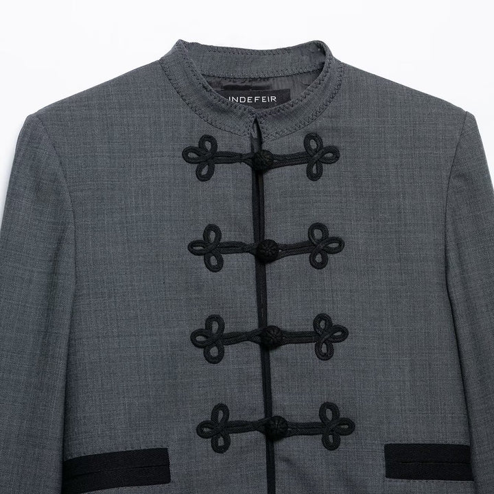 Women's Short Jacket in Mandarin Style with Decorative Knot Closure and Tailored Silhouette Amarae
