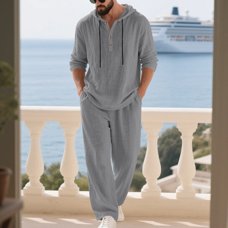 Men's Casual Linen Hoodie Set with Practical Pockets and Relaxed Fit Lune London