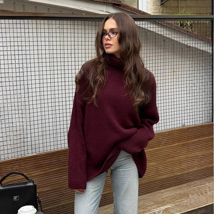 Women Oversized Ribbed Knit Turtleneck Sweater with Extended Cuff Amarae