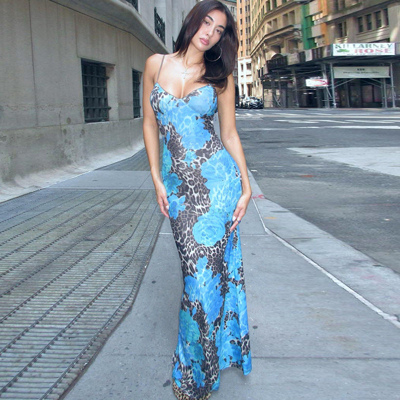 Maxi dress with spaghetti straps for women with floral and animal print Lune London