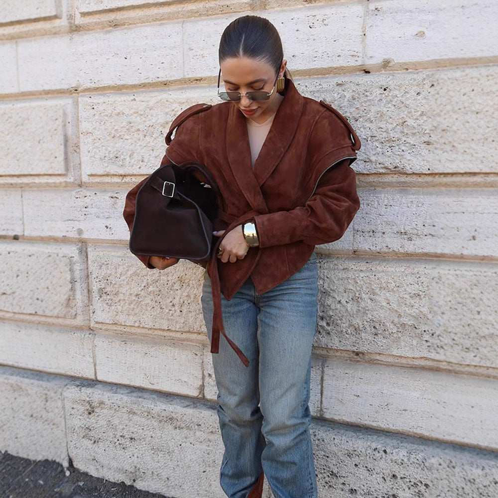 Women's Suede Wrap Jacket with Wide Shawl Collar and Waist Belt Amarae