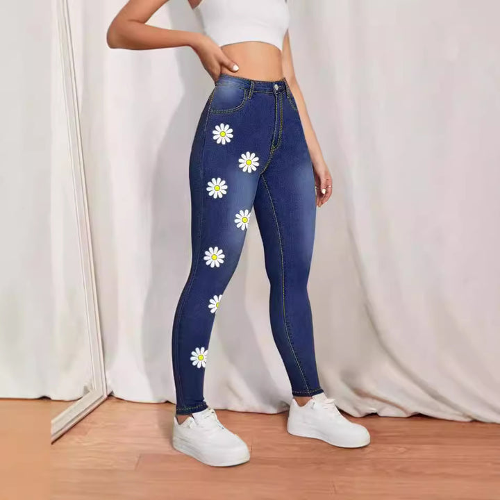 Women's High-Waist Skinny Jeans with printed Daisies and figure-shaping Stretch Amarae