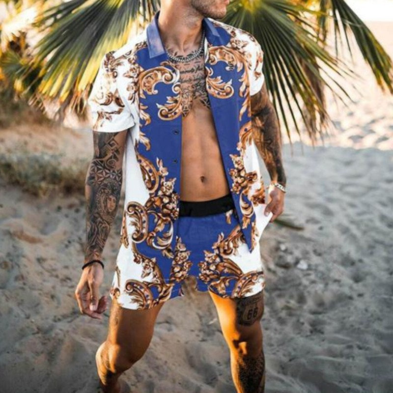 Chic und Stil men's short sleeve t-shirt and tropical print shorts set