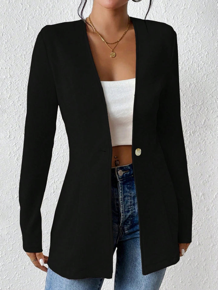 Ladies Tailored Long Blazer with V-Neck and One-Button Closure Amarae