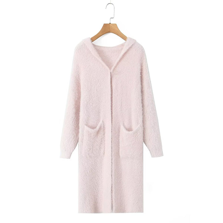 Manteau long en tricot confortable pour femmes avec capuche et poches pratiques
