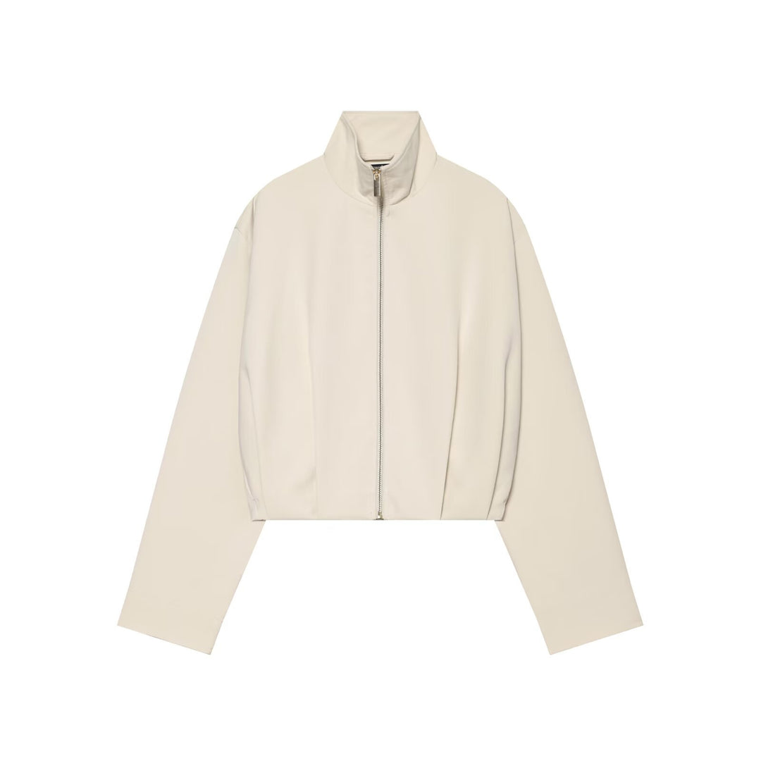 Women's Cropped Bomber Jacket with High Stand Collar, Full Metal Zip and Fitted Cuffs