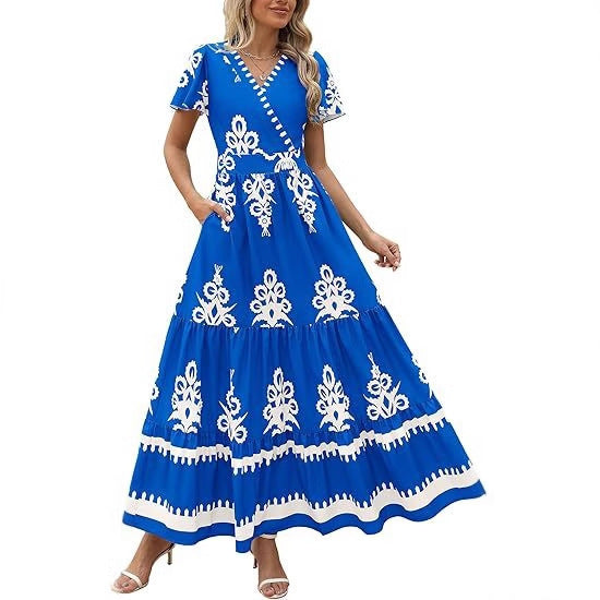 Maxi dress for women with V-neckline and contrasting embroidery details Lune London