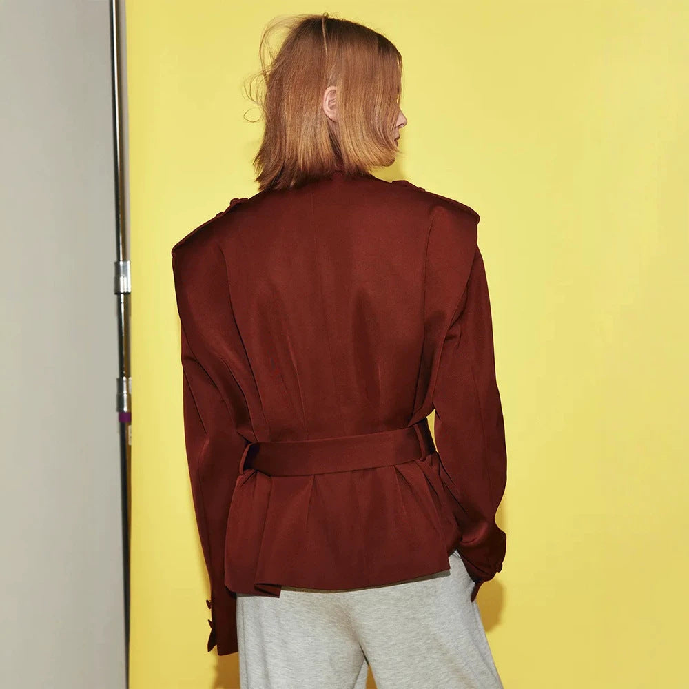 Women Tailored Wrap Blazer with Wide Belt and Decorative Epaulettes Amarae