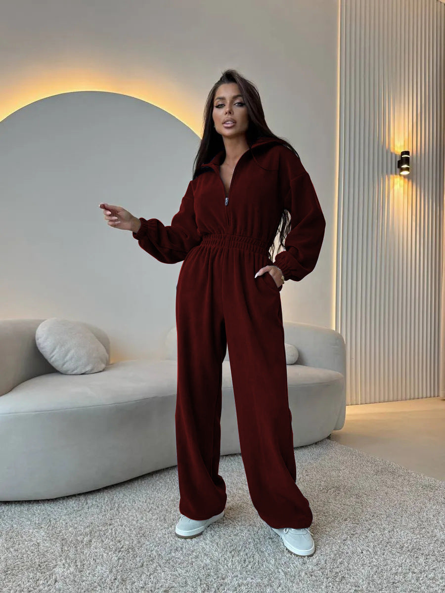 Ladies casual jumpsuit with high collar and adjustable waist Lune London