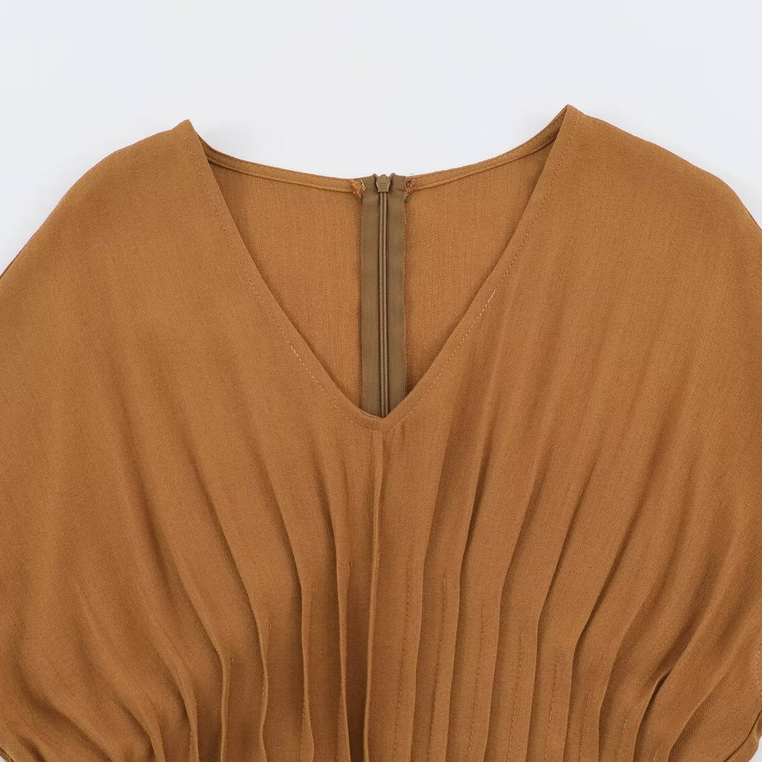 Ladies Pleated Midi Dress with V Neck and Tailored Silhouette Amarae