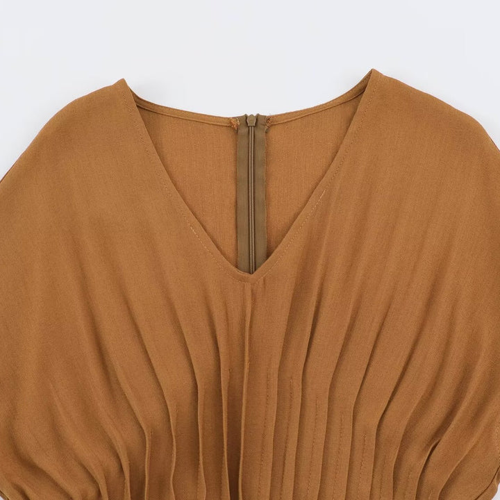 Ladies Pleated Midi Dress with V Neck and Tailored Silhouette Amarae