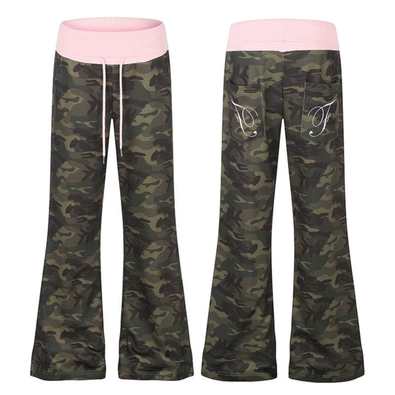 Women's Palazzo lounge pants with high rolled waistband, drawstring, and camouflage pattern Amarae