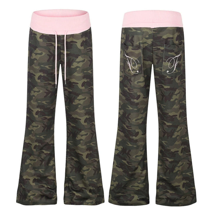 Women's Palazzo lounge pants with high rolled waistband, drawstring, and camouflage pattern Amarae