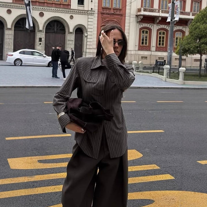 Women's Tailored Striped Shirt Blouse with Breast Pockets and Extended Hem Amarae