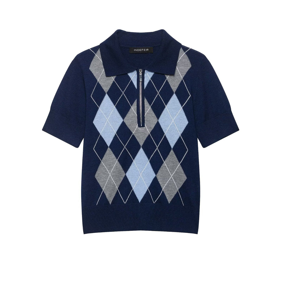 Women Short Sleeve Polo Collar Knitted Sweater with Diamond Jacquard and Half Zipper Amarae