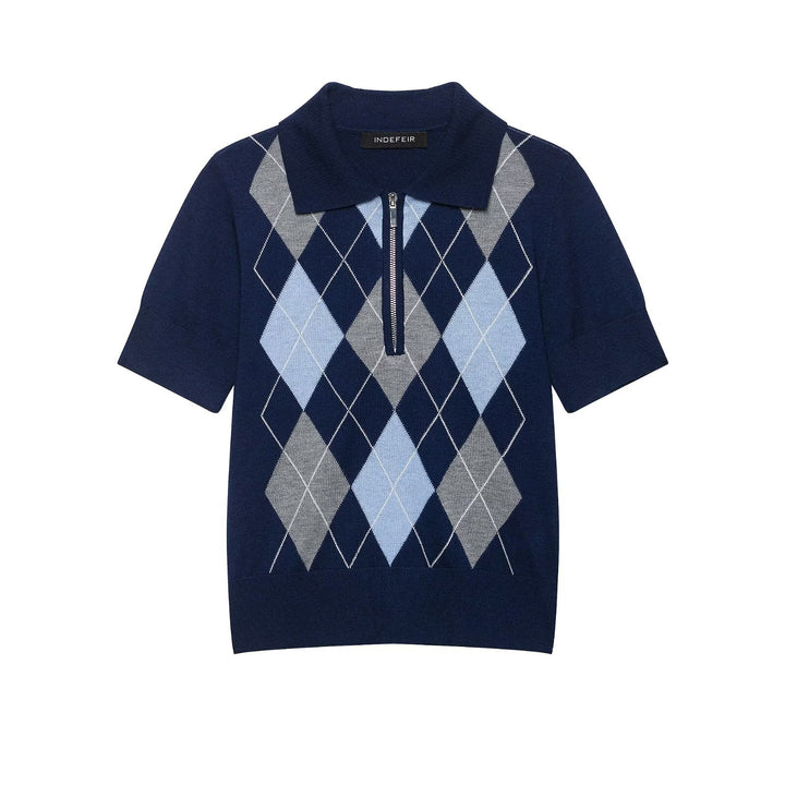 Women Short Sleeve Polo Collar Knitted Sweater with Diamond Jacquard and Half Zipper Amarae