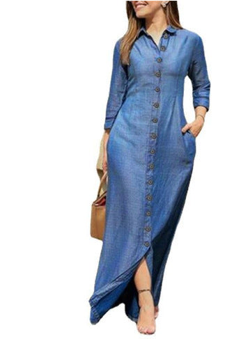 Maxi dress with long sleeves, button placket, and side pockets Lune London