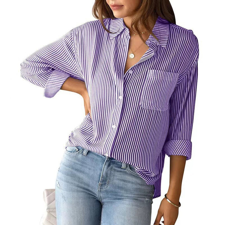 Ladies Loose Striped Shirt with Chest Pocket and Roll-up Sleeves Lune London