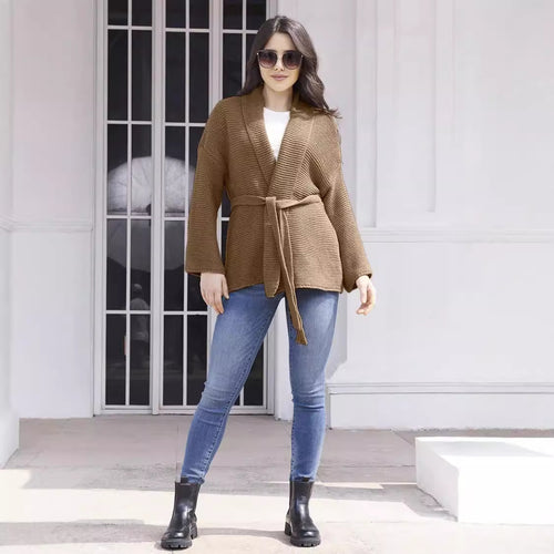 Women's Comfortable Knitted Cardigan with Belt at the Waist and Loose Fit Chic and Still
