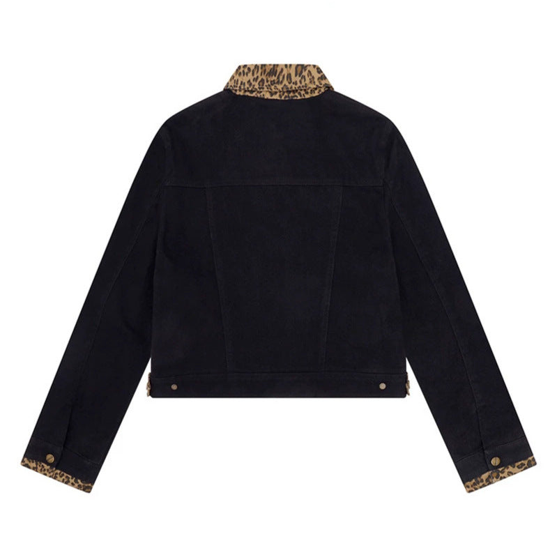 Women’s Short Cut Denim Trucker Jacket with Leopard Contrast Collar and Cuffed Sleeves Amarae