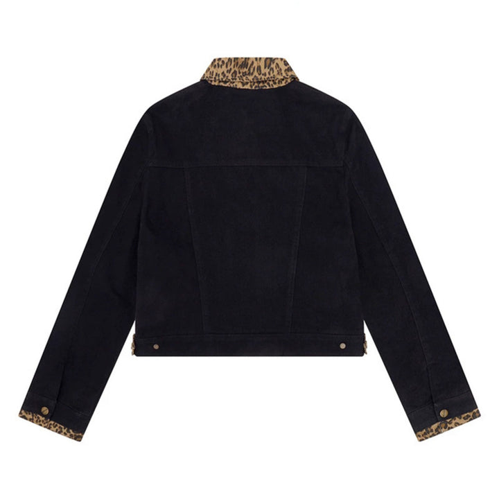 Women’s Short Cut Denim Trucker Jacket with Leopard Contrast Collar and Cuffed Sleeves Amarae