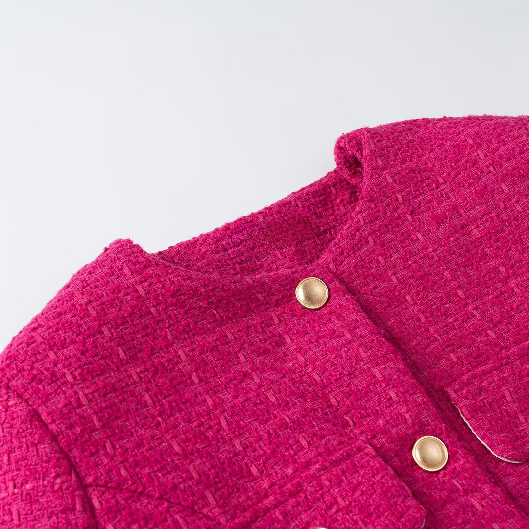 Women's Short Boucle Jacket with Waist Belt, Breast Flaps and Golden Decorative Buttons Amarae