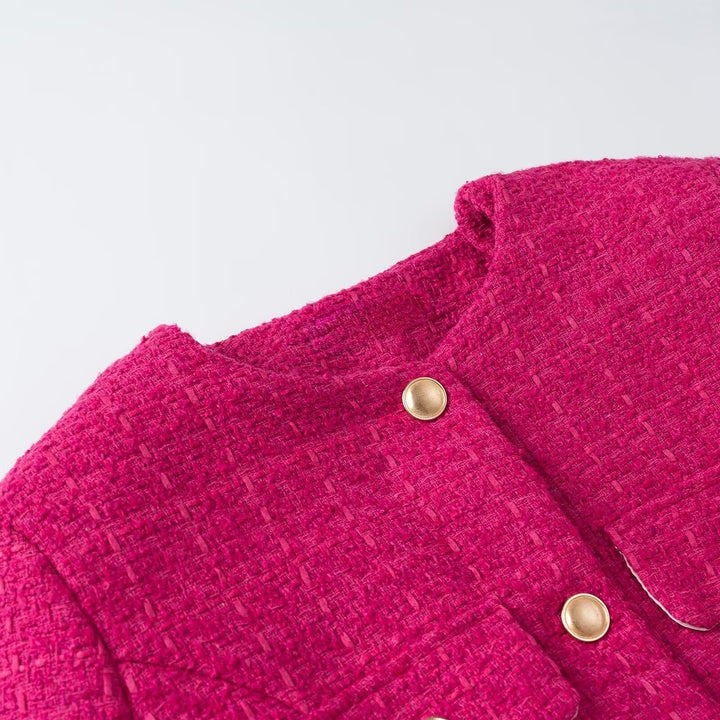 Women's Short Boucle Jacket with Waist Belt, Breast Flaps and Golden Decorative Buttons Amarae