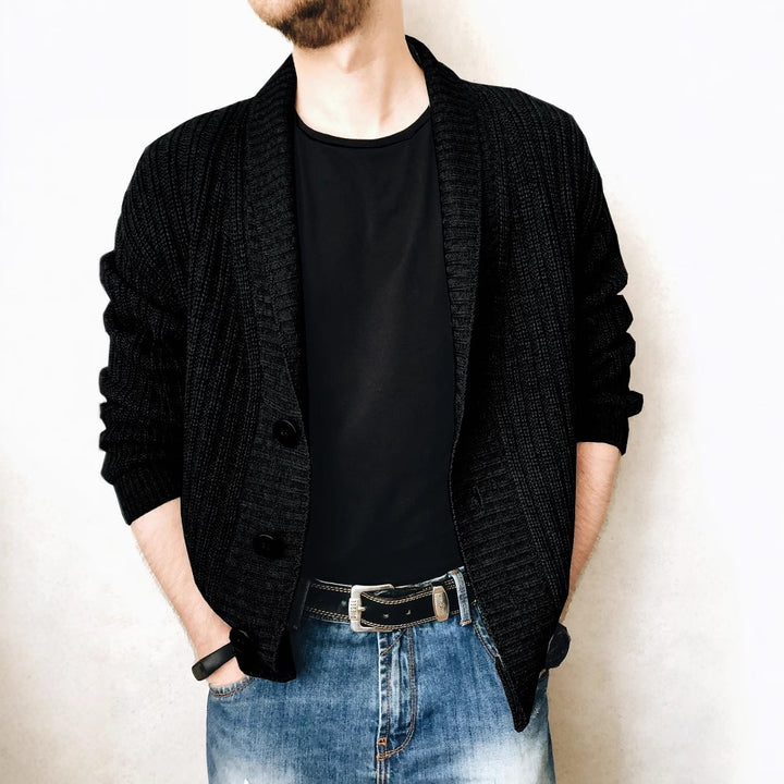 Men's knitted jacket with large collar and decorative buttons Lune London