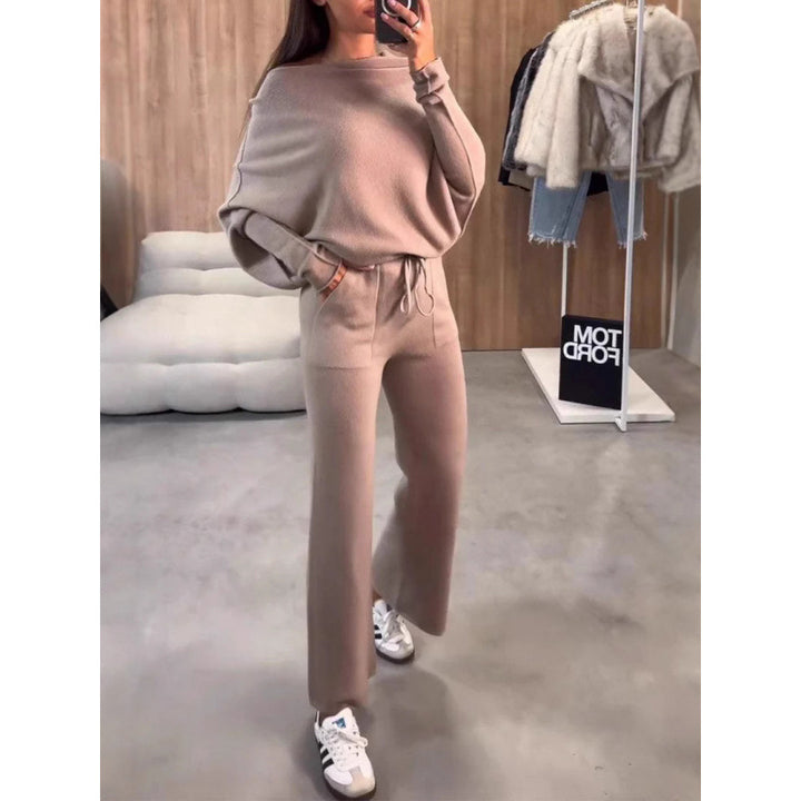 Women's Knit Loungewear Set with Oversized Shoulder, Wide Leg and Drawstring Amarae