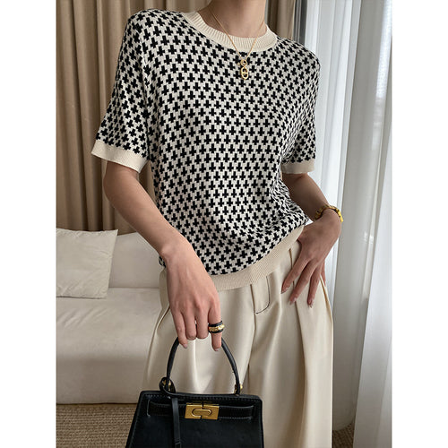 Ladies' Fashionable Short Sleeve Sweater with Graphic Pattern Chic & Stil