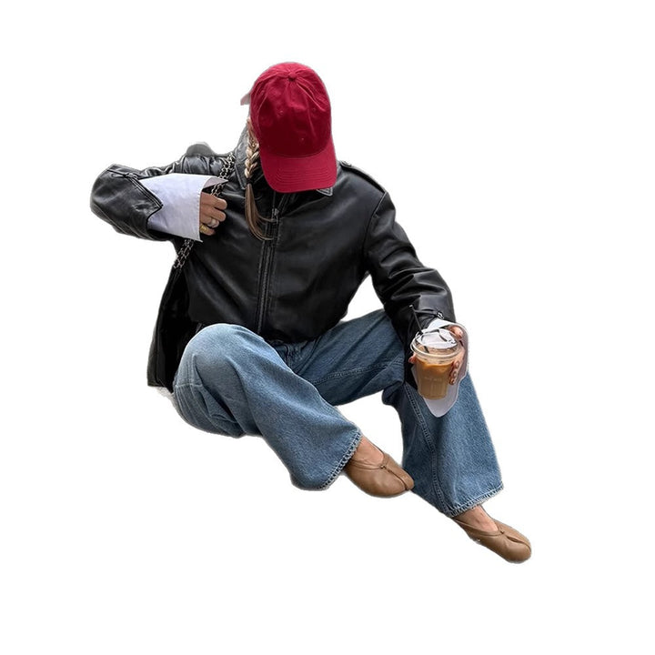 Women's Short Blouson in Layering Look made of Faux Leather with Oversized Shirt Sleeve Detail Amarae
