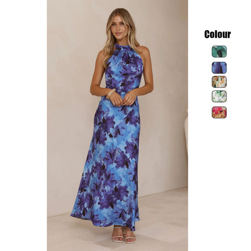 Women's maxi dress with high-neck halter design and floral pattern