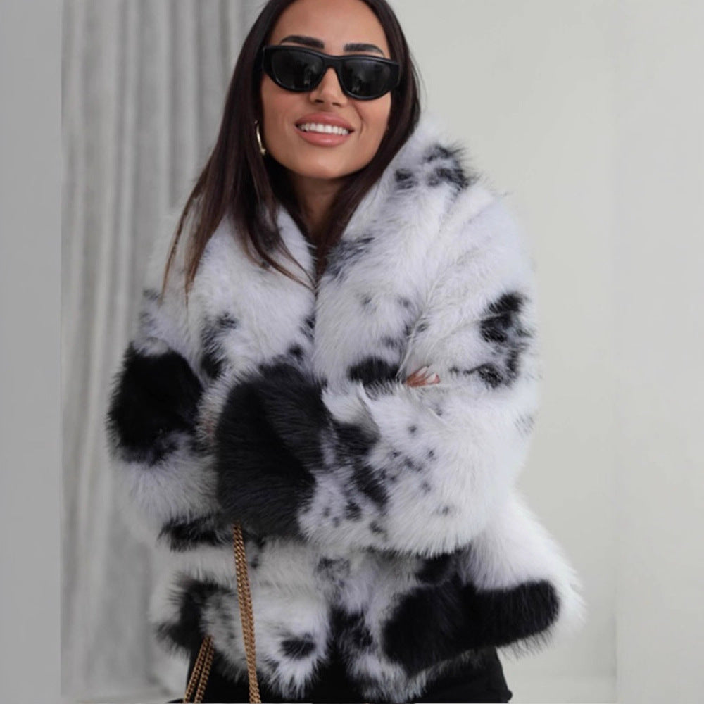 Women's Short Cut Faux Fur Bomber with Spot Pattern Amarae