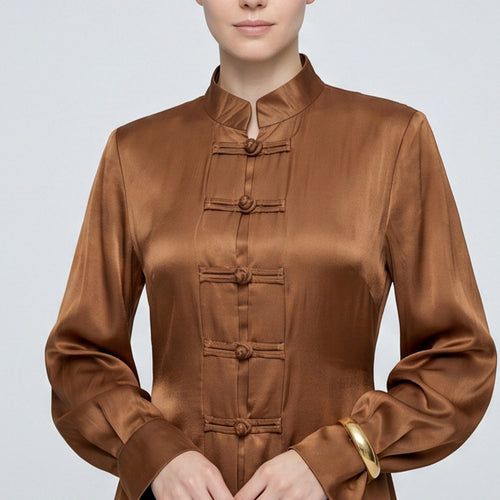 Women’s maxi dress with stand-up collar, traditional knot closure, and balloon sleeves Amarae