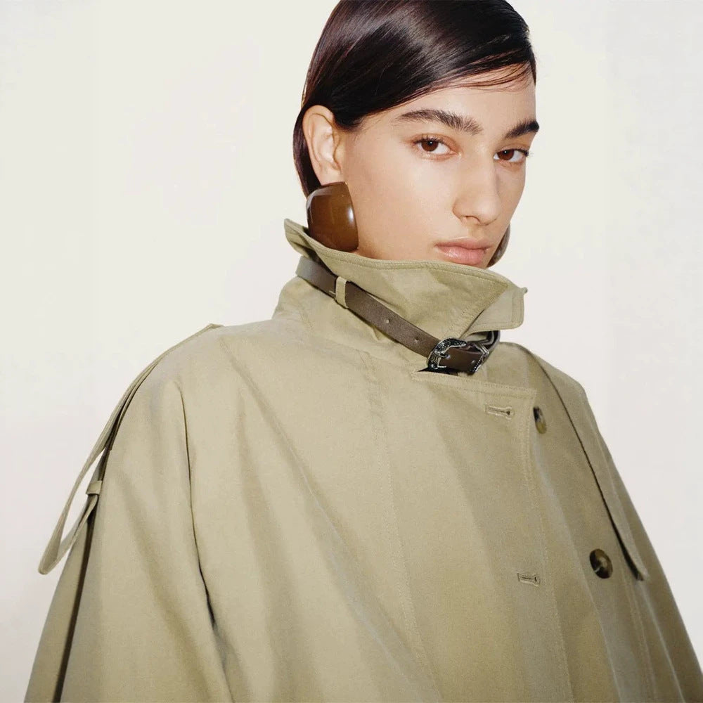 Women Short Boxy Trench Coat with Wide Lapels, Shoulder Straps and Adjustable Cuffs Amarae