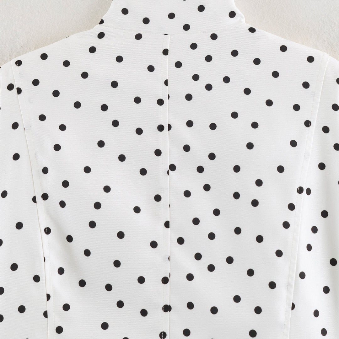 Women's Polka Dot Cropped Blouse with Stand Collar and Concealed Button Placket Amarae