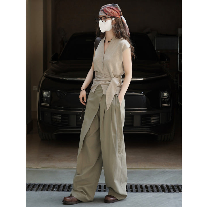 Women's Sleeveless Fine Knit Vest with V-Neck, Button Placket and Tie Waist Amarae