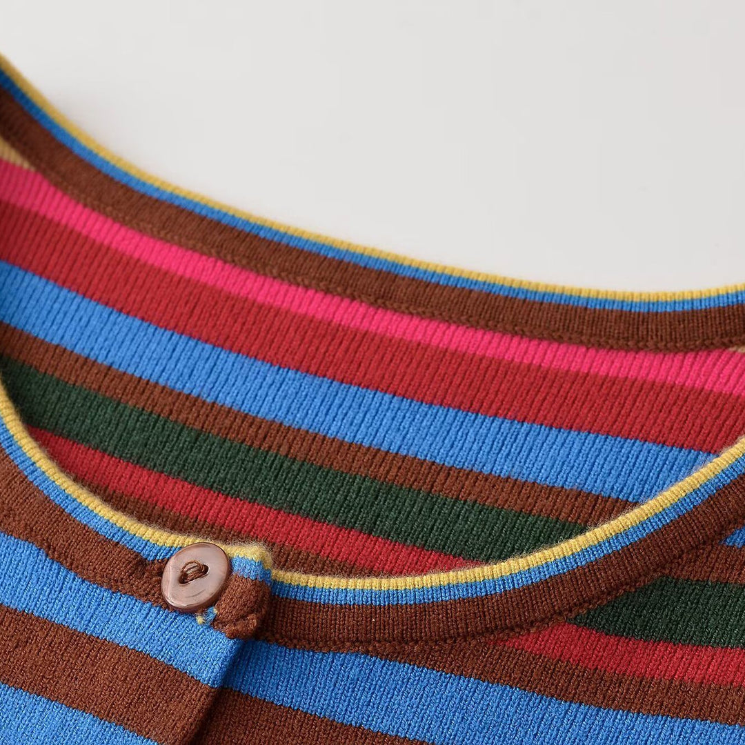 Women's finely knitted round neck cardigan with colorful stripes and mother-of-pearl buttons Amarae