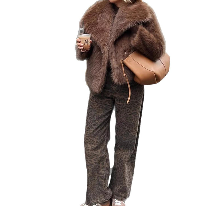 Women Short Voluminous Faux Fur Jacket in Boxy Cut with Large Shawl Collar Amarae