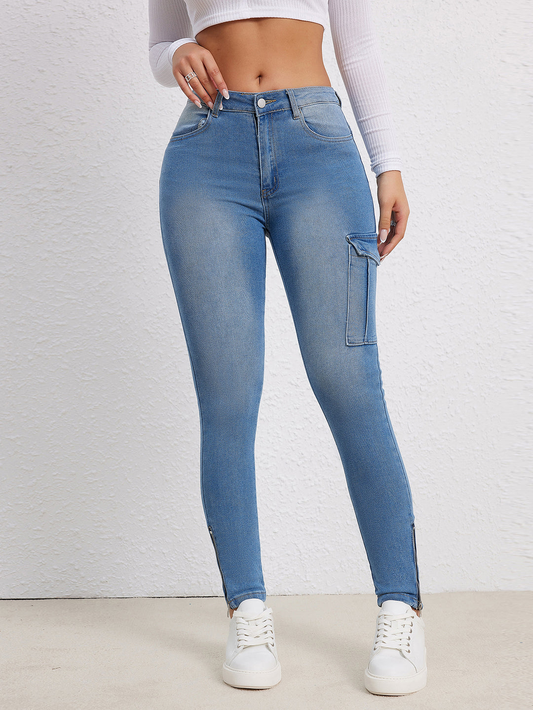 Women's High-Waisted Superstretch Skinny Jeans with Cargo Pocket and Ankle Zippers Amarae