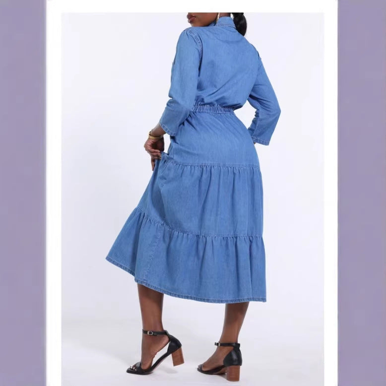 Women's Long Denim Dress with Tiered Skirt, Shirt Collar and Waist-Emphasizing Elastic Amarae