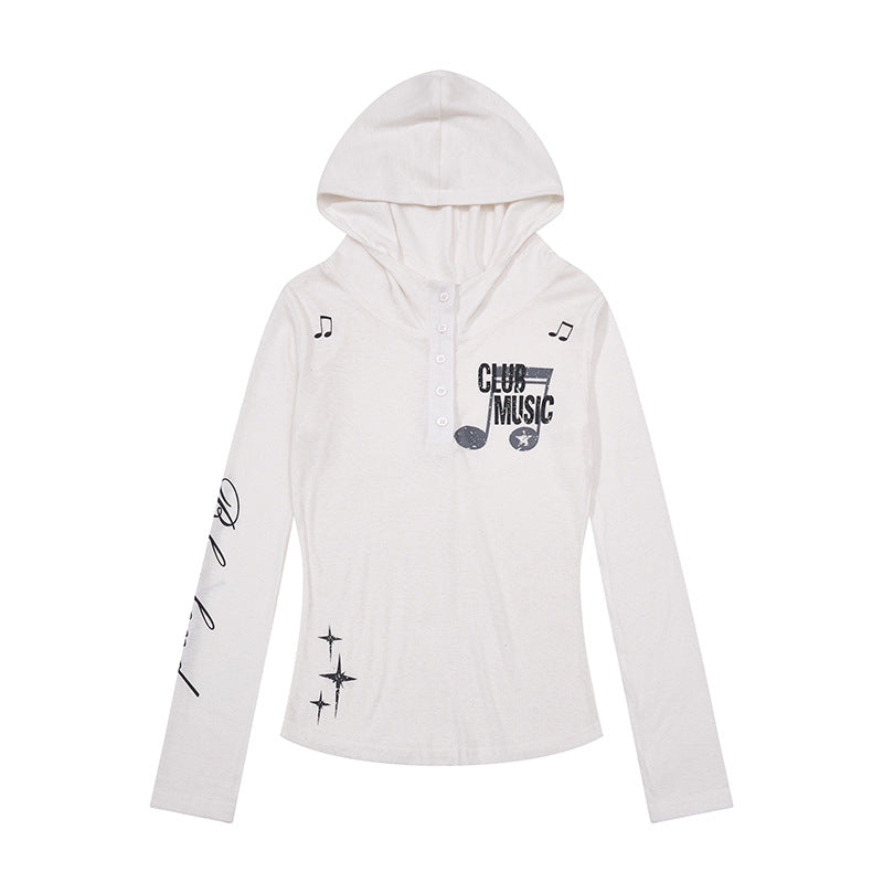 Women's Lightweight Long Sleeve Hoodie Henley Shirt with Button Placket, Hood and Music Print Amarae
