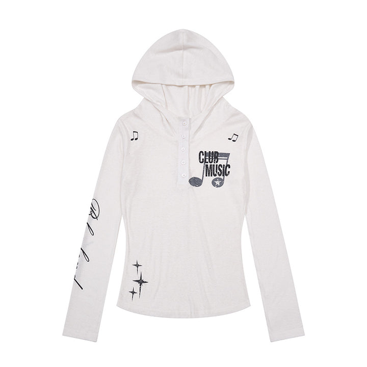 Women's Lightweight Long Sleeve Hoodie Henley Shirt with Button Placket, Hood and Music Print Amarae