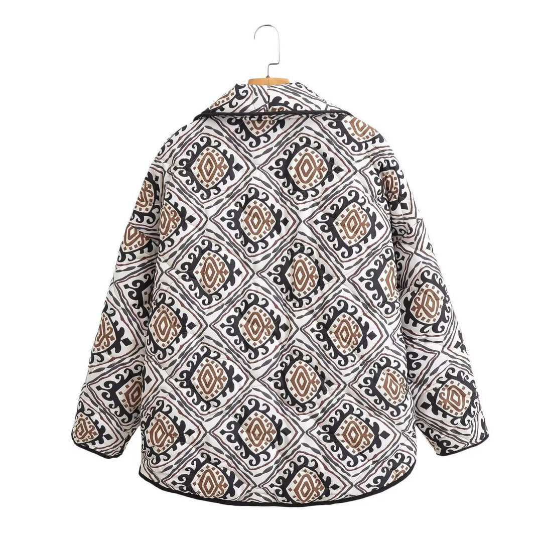 Women's Quilted Kimono Jacket with Ethno Print, Shawl Collar, and Patch Pockets Amarae