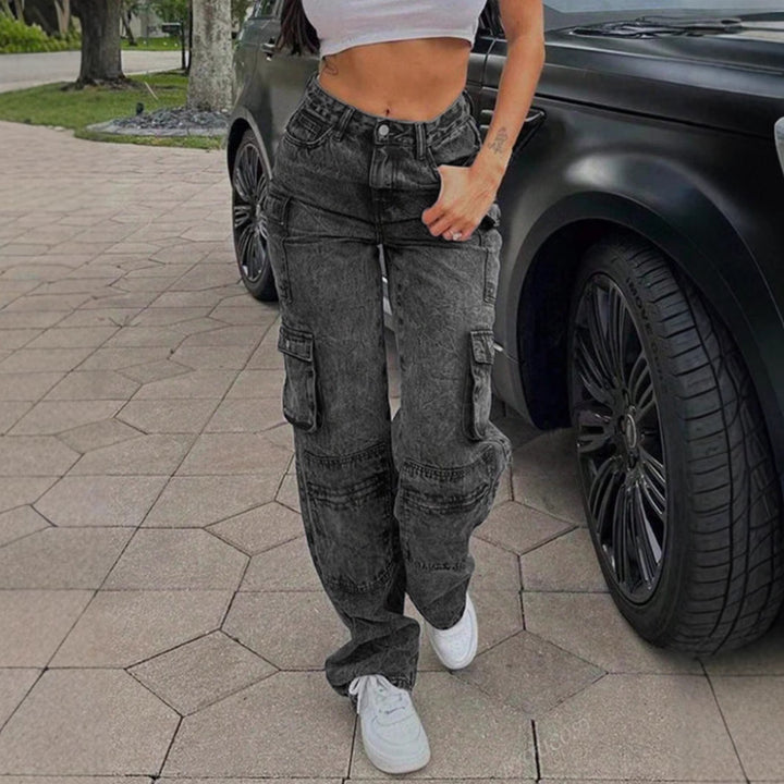 Women's Cargo Denim Pants with High Waist, Loose Baggy Cut and Functional Flap Pockets Amarae