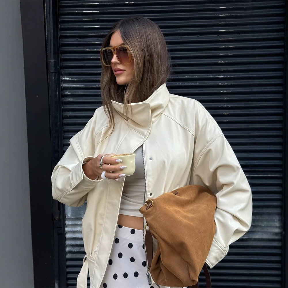 Women's Oversized Faux Leather Jacket with Stand Collar and Drawstring Amarae