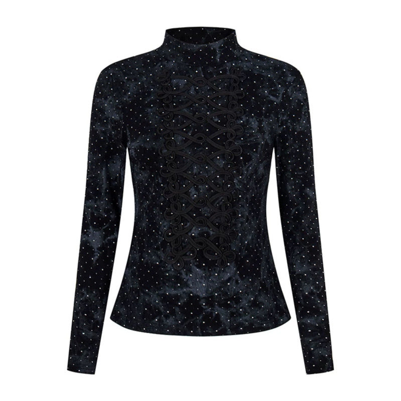 Women's long sleeve shirt with stand-up collar and decorative cord appliqué Amarae