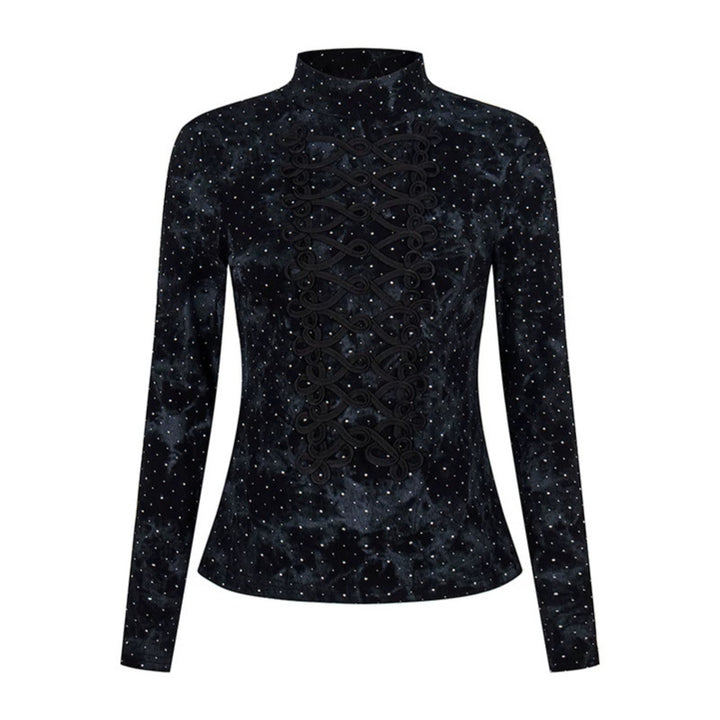Women's long sleeve shirt with stand-up collar and decorative cord appliqué Amarae
