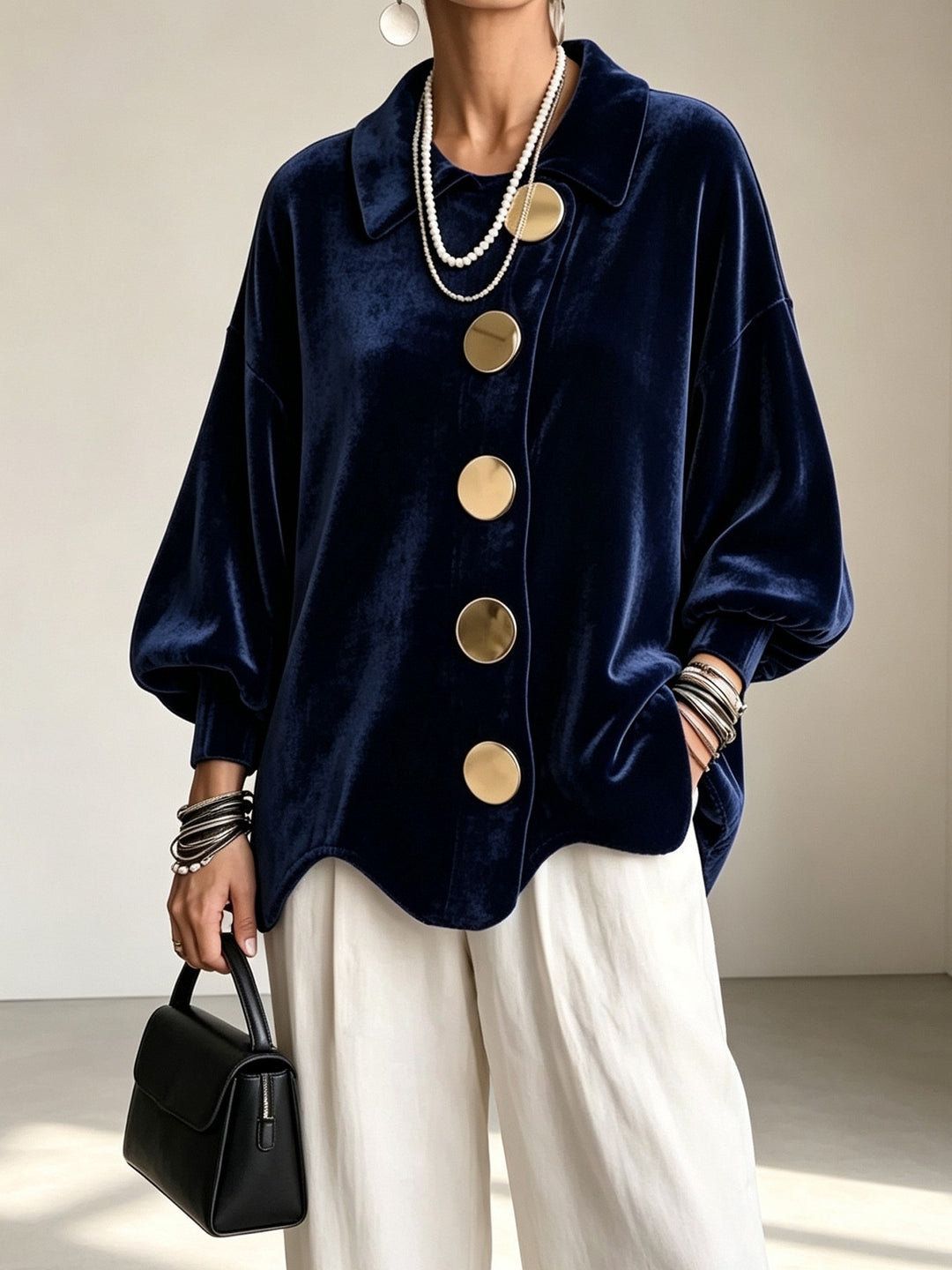 Women's Oversized Velvet Jacket with Large Decorative Buttons and Balloon Sleeves Amarae